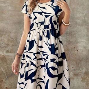 Navy and White Abstract Print Dress